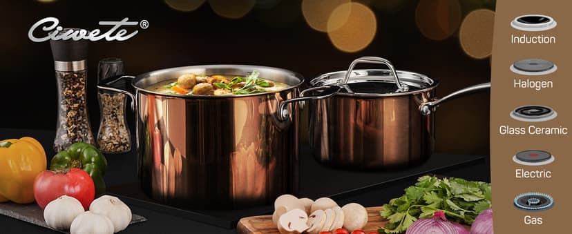 Whole Tri-ply 18/10 Stainless Steel Pot and Pan Set (10 Piece), Copper Pots and Pans Set with Stainless Steel Lid, Induction Cookware Set, Include Stock Pot, Saucepan, Frying Pan - Copper