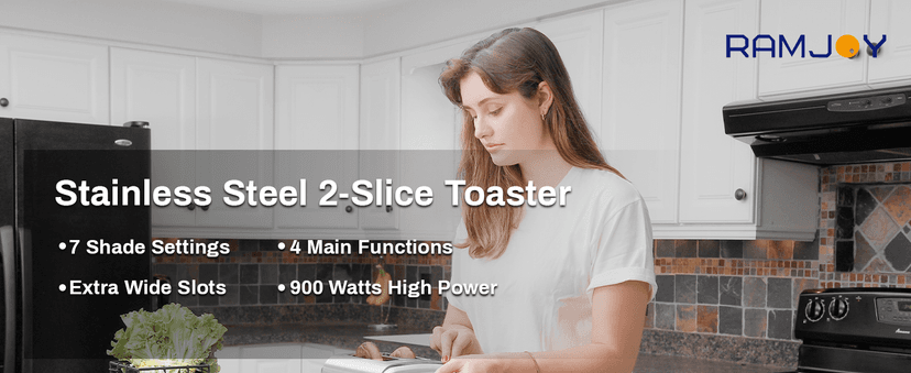 Toaster 2 Slice, Extra Wide Slot Toaster for Bagels, Bread, Waffles, 7 Shade Settings, 4 Main Functions, Removable Crumb Tray, 900 Watts Toasters, Brushed Stainless Steel