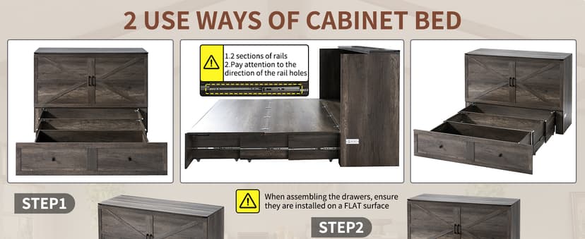 Murphy Bed Queen Size, Cabinet Bed with Charging Station Large Storage Drawer for Home Office or Small Room, Hideaway Bed Full Foldable Platform Bed, Rustic Grey