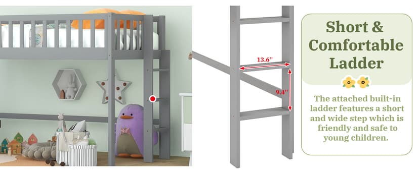 Bellemave Twin Size Loft Bed for Kids,Low Loft Bed with Slide and Ladder,Wood Loft Bed Twin for Girls Boys,Grey