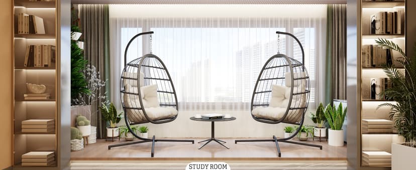 HWB Hanging Egg Chair with Stand, Patio Wicker Hammock Egg Swing Chair with Cushion for Bedroom Garden Indoor Outdoor (Beige)