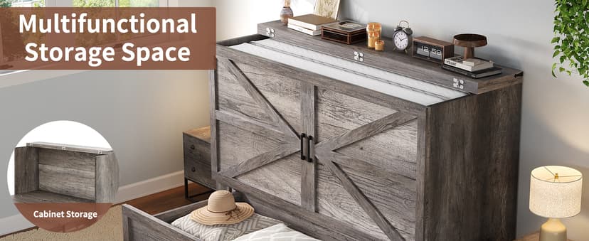 Murphy Bed Queen Size, Cabinet Bed with Charging Station Large Storage Drawer for Home Office or Small Room, Hideaway Bed Full Foldable Platform Bed, Rustic Grey