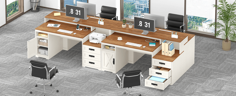 TVU Farmhouse Computer Desk with Drawers, 65'' Home Office Desk with Power Outlets, Storage Cabinet and Printer Stand, Study Writing Desks with Long Monitor Stand, White