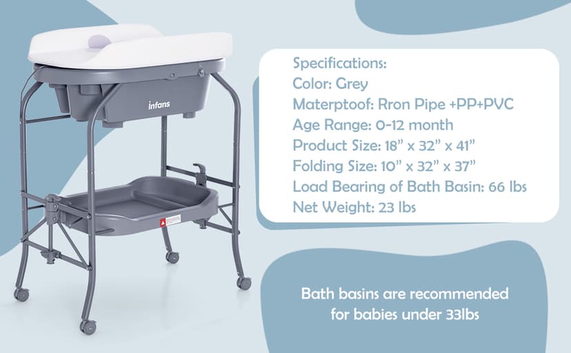 INFANS 2 in 1 Baby Changing Table with Bath Tub Unit, Folding Diaper Dresser Station with Wheels Waterproof Pad Storage Rack, Portable Nursery Organizer Stand for Newborn Infant (Light Grey)