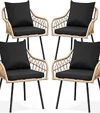 YITAHOME Patio Chairs Set of 4, Outdoor Patio Furniture Dining Chairs, All-Weather Rattan Conversation Chairs with Soft Cushions for Backyard Deck (Light Brown+Black)