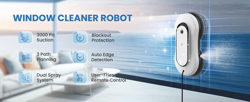 Portable Window Cleaning Robot, Ultrasonic Dual Spray,3000Pa Suction Power, Window Cleanner with Intelligent Edge Detection, Infrared Remote Control