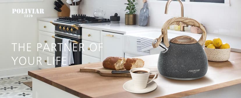 POLIVIAR Tea Kettle, 2.7 Quart Natural Stone Finish with Wood Pattern Handle Loud Whistle Food Grade Stainless Steel Teapot, Anti-Hot Handle and Anti-Rust, Suitable for All Heat Sources (JX2018-GR20)