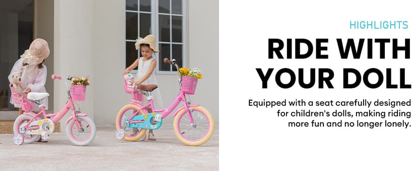 Glerc Maggie Girls Bike, 12-20 Inch Kids Bike for 2-13 Years Old Children, Princess Style Kids Bicycle with Doll-Seat & Basket & Training Wheels, Multiple Colors