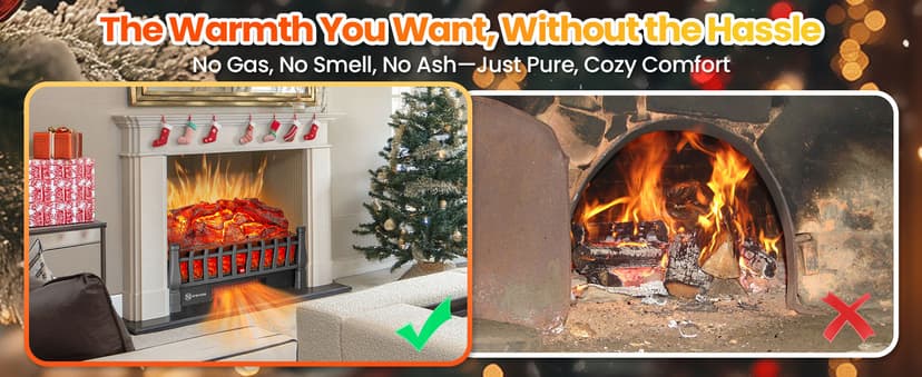 Electric Fireplace Logs Inserts Heater with Infrared Remote, 24 H Timer, 5 Flame Brightness, Thermostat, Overheating Protection for Home & Office