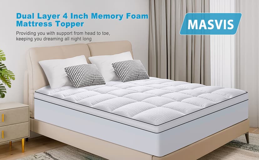 MASVIS King Size Dual Layer 4 Inch Memory Foam Mattress Topper, 2 Inch Gel Memory Foam and 2 Inch Cooling Pillow Top Mattress Pad Cover for Back Pain, Medium Support