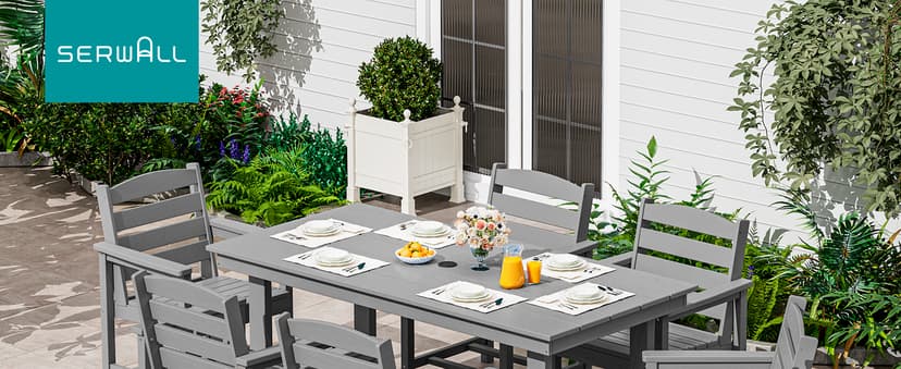 SERWALL Outdoor HDPE Dining Table Set, 7-Piece Outdoor Dining Table Sets with Umbrella Hole Cut-Out Table and 6 Chairs, Gray