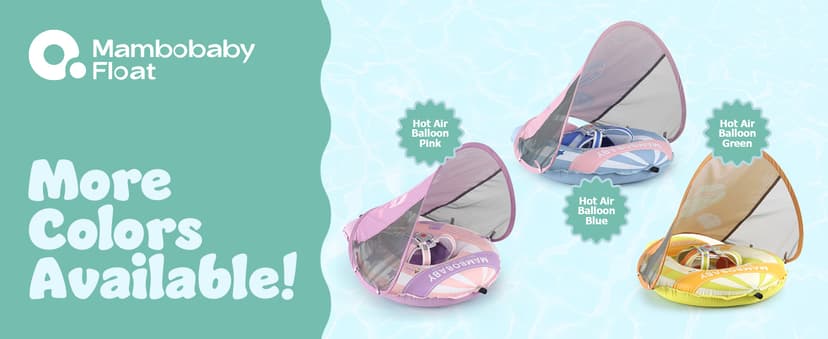 MAMBOBABYFLOAT Light Traveler 2025 — Safe, Comfortable, Adjustable Baby Pool Float with Canopy — Sun Protection, Self-Inflating, 5-Way Buckle System (Hot Air Balloon, Pink)
