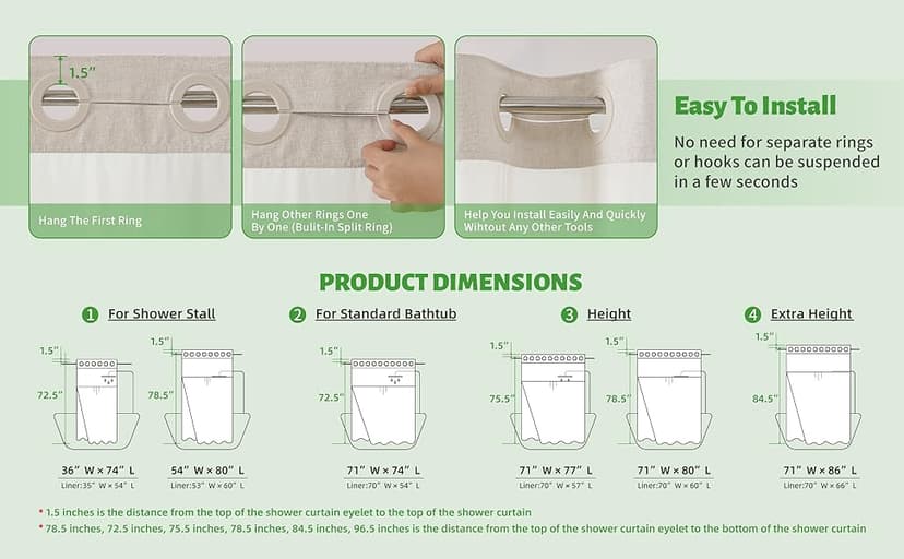 No Hooks Polyester Textured Shower Curtain with Snap-in Fabric Liner Set, Hotel Luxury Decor Shower Curtains for Bathroom with See Through Top Window, Waterproof & Washable, 71Wx74H, Cream