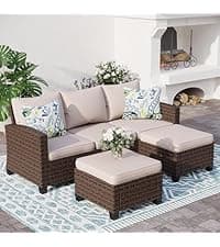 HDPE Outdoor Patio Furniture 4-Piece Set, All Weather Modern Patio Conversation Sets with Wood-grain Extended Table, Outdoor Patio Couch Set, Black Frame with Beige 4.7" Thick Cushions