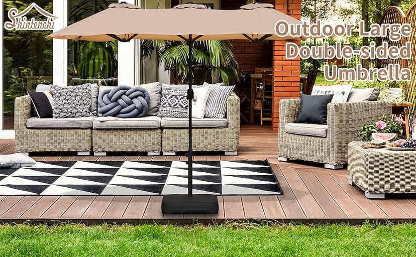 Shintenchi 13FT Large Patio Umbrella with Base, Outdoor Double-Sided Rectangular Shade with Crank Handle for Poolside Lawn Garden, Khaki