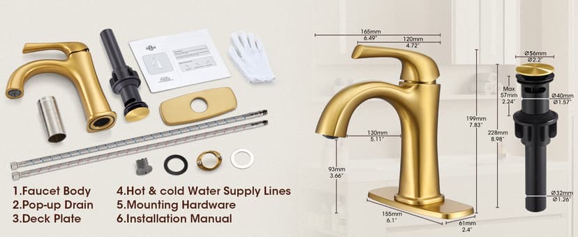 Brushed Gold Single Hole Bathroom Faucets, Single Handle Brass Bathroom Sink Faucet for 1 or 3 Holes, Vanity Faucet with Pop Up Drain and Supply Lines, Deck Plate