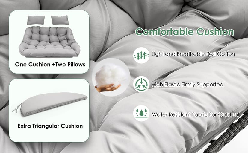 2 Person Hanging Egg Chair with Stand for Outdoor, Patio Hand Made Rattan Wicker Double Egg Swing Chairs Hammock Chair with UV Resistant Cushion and Metal Frame, Porch Swing Loveseat for Backyard