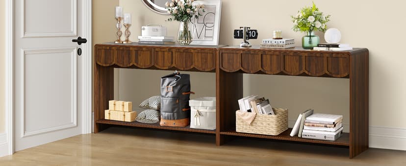 Console Table with Drawers, Mid-Century 43 Inches Narrow Entryway Tables with Open Storage Shelves, Hallway Accent Tables Behind Couch Table for Living Room - Walnut