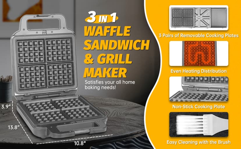 Belgian Waffle Maker with Removable Plates, Waflera Electrica, Large Waffle Iron, 3 in 1 Panini Grill Press Breakfast Sandwich Maker, Electric Griddle, Grilled Cheese Maker, Breakfast Station