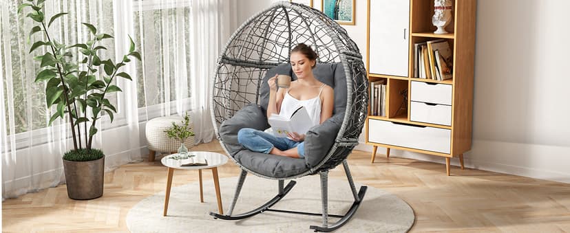 YITAHOME Wicker Rocking Egg Chair, Outdoor Patio Rocking Chair with 5.9in Thick Cushion, 250lb Capacity, Anti-Slip, All-Weather Resilient Egg Lounger Chair for Indoor & Outdoor, Grey(1 Pack only)