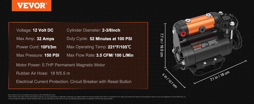 VEVOR Onboard Air Compressor Kit 150PSI Offroad Air Compressor Portable Tire Inflator Heavy Duty 3.5CFM Air Pump for Jeep SUV 4x4 Vehicle Compatibility with Air tools, Air horns, Lockers