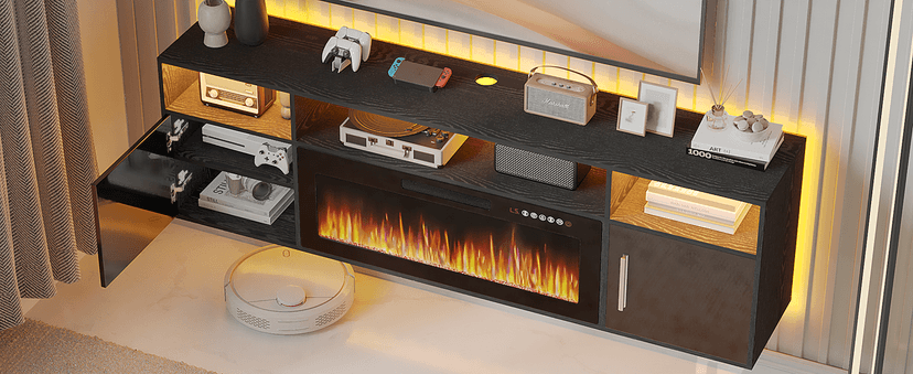 PUKAMI 70" Floating TV Stand with 36" Electric Fireplace,Wall Mounted Fireplace Entertainment Center with LED Lights and Highlight Storage Cabinet for TVs up to 80", for Living Room (Black)