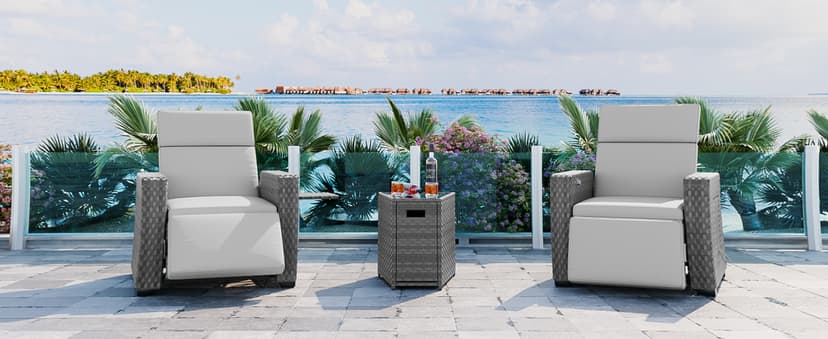 Outdoor Recliner Patio Chair, All-Weather Wicker Furniture Reclining with Air Pump, 150° Lay-Flat Position, Extended Footrest, Flip-Up Side Table, Removable Gray Olefin Cushions