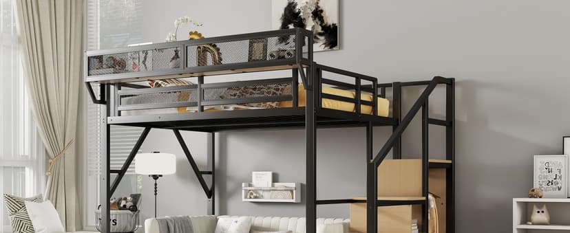 Full Size Loft Bed with Stairs and Storage, Metal Loft Bed Frame with Bedside Shelf and Large Under-Bed Space, Heavy-Duty Bed for Adults Teens and Kids, Black