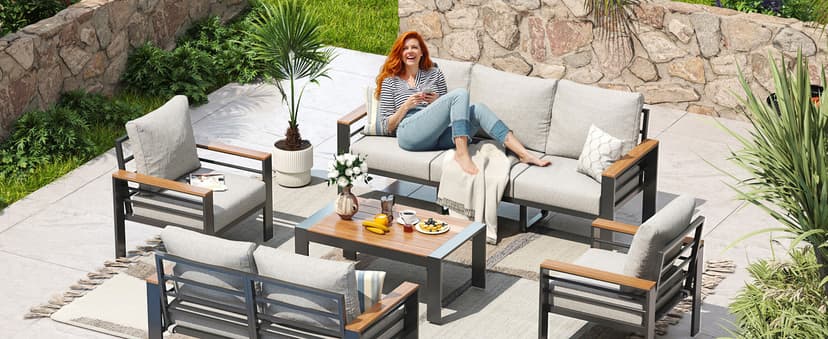Aoxun Aluminum Patio Furniture Set 7 Seats, Oversized Outdoor Sectional with Washable Thick Cushions, Coffee Table and Waterproof Cover, Patio Conversation Sets for Porch, Balcony, Deck