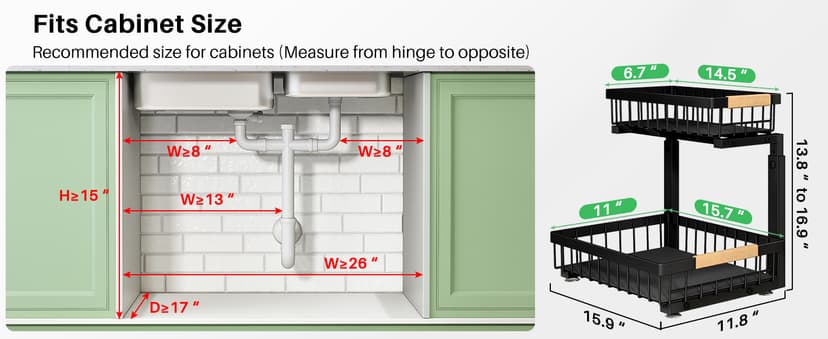Under Sink Organizer, 2 Packs 2 Tier Under Sink Organizers and Storage, Slide Out Pull Out Cabinet Organizer Shelf, Metal Sliding Drawer for Kitchen Bathroom Pantry Cabinet Closet Organization Rack