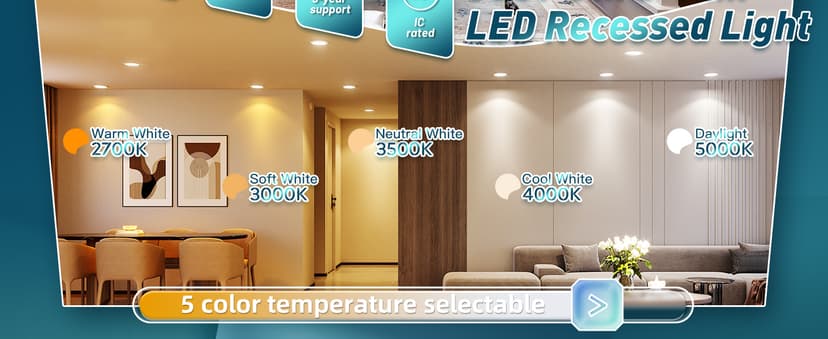 FREELICHT 24 Pack 6 Inch 5CCT Ultra-Thin LED Recessed Ceiling Light with Junction Box, 2700K/3000K/3500K/4000K/5000K Selectable, 1050LM Brightness, Dimmable Canless Wafer Downlight, 12WEqv110W-ETL&FCC