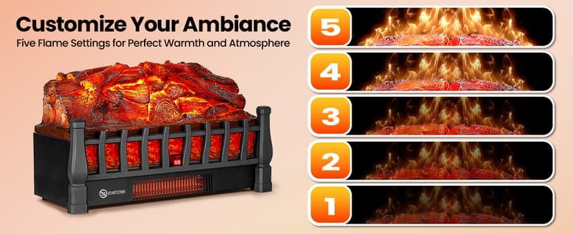 Electric Fireplace Logs Inserts Heater with Infrared Remote Controller 5 Flame Brightness 24 H Timer Overheating Protection for Home and Office Decor Black