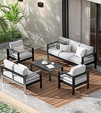 Wisteria Lane Patio Furniture Aluminum Sofa, All-Weather Outdoor 3 Seats Couch, Black Metal Chair with Light Grey Cushions