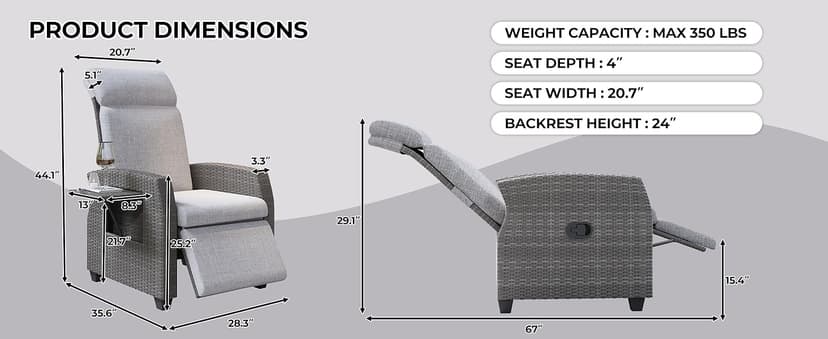 Outdoor Wicker Recliner Chair, Patio Recliner with Independently Adjustable Backrest and Footrest, All-Weather PE Wicker Patio Reclining Lounge Chair with Flip-Up Table Air Pump 155° Lay Flat