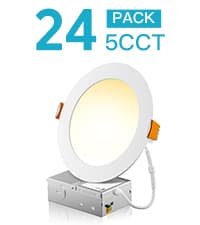 FREELICHT 24 Pack 6 Inch 5CCT Ultra-Thin LED Recessed Ceiling Light with Junction Box, 2700K/3000K/3500K/4000K/5000K Selectable, 1050LM Brightness, Dimmable Canless Wafer Downlight, 12WEqv110W-ETL&FCC