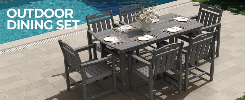 HDPE Outdoor Dining Set 7-Piece Patio Table and Chairs with Umbrella Hole, All-Weather Patio Dining Set for 6, Durable Patio Furniture Set for Backyard, Garden, Lawn & Poolside, Grey