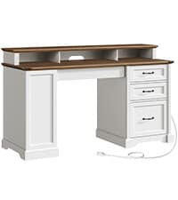 55'' Farmhouse Executive Desk with Drawers, Computer Desk with File Cabinet and Side Bookshelf, Writing Gaming Desk with Monitor Stand & Charging Station, White and Walnut