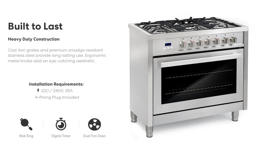 COSMO F965 36 in. Stellar Collection 3.8 cu. ft. Dual Fuel Range, 5 Sealed Burners, 8 Function Convection Oven in Stainless Steel