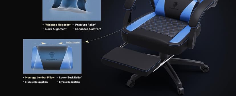 Dowinx Gaming Chair with Pocket Spring Cushion, Ergonomic Computer Chair with Massage Lumbar and Footrest for Adults, High Back Game Chair Leather for Office Gaming 300LBS, Blue New