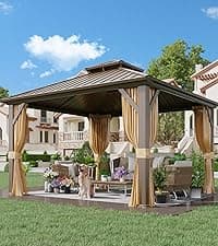 YOLENY 10'x13' Hardtop Gazebo, Outdoor Polycarbonate Double Roof Canopy, Aluminum Frame Permanent Pavilion with Curtains and Netting, Sunshade for Garden, Lawns, Patio