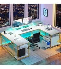 DWVO Farmhouse Office Desk with Drawer & Power Outlets, Wood Computer Desk w/LED Strip & Monitor Stand for Bedchamber Study, Home Office Table with Storage Cabinet for Working Writing Gaming (White)