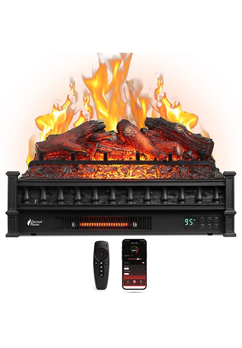 TURBRO Eternal Flame 26 in. WiFi Infrared Quartz Electric Fireplace Log Heater with Sound Crackling, Realistic Pinewood Logs, Adjustable Flame Colors, Remote Control, Thermostat, Timer, 1500W Black