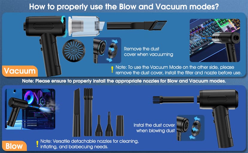Compressed Air Duster, 100000RPM Handheld Car Vacuum/Air Blower& Pump, 3 Gear Adjustable Electric Air Duster/Car Vacuum Cleaner, Keyboard Duster with LED Light-10 Kits Air Blower for Computer(Black)