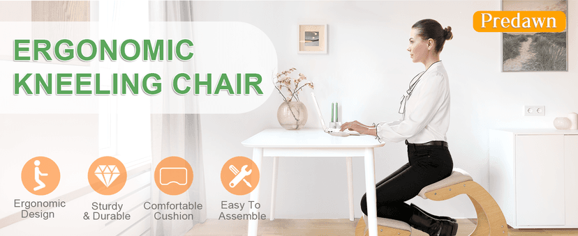 Predawn Ergonomic Kneeling Chair, Rocking Chair Stool, Knee Chair, Posture Chair for Home Office Meditation Wooden & Linen Cushion-Office Desk Chair for Back Neck Pain Relief & Improving (White Oak)