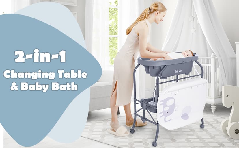 INFANS 2 in 1 Baby Changing Table with Bath Tub Unit, Folding Diaper Dresser Station with Wheels Waterproof Pad Storage Rack, Portable Nursery Organizer Stand for Newborn Infant (Light Grey)