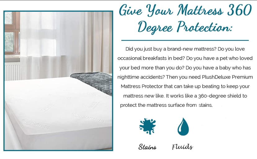 PlushDeluxe Premium Bamboo Mattress Protector – Queen Size, Waterproof, & Ultra Soft Breathable Noiseless Washable Bed Mattress Cover for Comfort & Protection - White