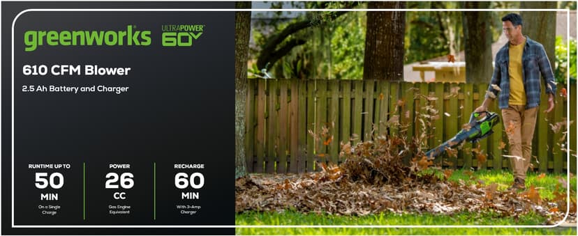 Greenworks 60V (610 CFM / 130 MPH) Cordless Leaf Blower, High Power, Lightweight & Quiet Operation for Wet Leaves, Driveways and Dense Gravel, Includes 2.5Ah Battery & 5A Rapid Charger