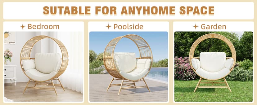 Egg Chair Outdoor Indoor, Oversized Rattan Chair with Thicken Cushion, 350LBS Capacity Wicker Patio Lounge Chair, Basket Chair for Living Room Balcony Porch Backyard, Beige