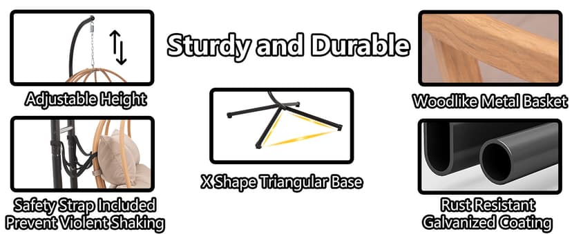 Double Egg Chair Outdoor, Egg Swing Chair with Stand, Hanging Egg Chair Outdoor with Cushions/Headrest, 80" H Hanging Chairs with Stand Indoor, Metal Basket Swing Egg Chairs for Deck, Khaki