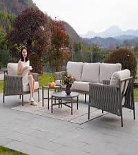 Grand patio 4-Piece Outdoor Furniture Set with Gas Fire Pit Table, Aluminum Patio Sofa Set for 8 with Faux Wood Grain Finish, Modern Patio Couch Sofa with Outdoor Bench and Chaise for Backyard